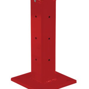 The Vestil Rigid Tube Post 18 In Bolt-On Style Red is a red metal bollard with a rectangular body, circular holes, and a square base with rounded edges. Its top is slightly curved.
