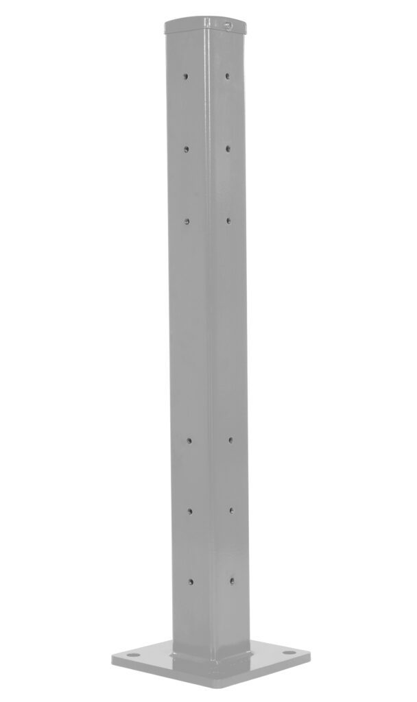 The Vestil Rigid Tube Post, 42 inches tall and designed in a bolt-on style, has a square base with multiple small holes vertically arranged along its smooth, reflective silver surface, ensuring stability and sleek functionality.