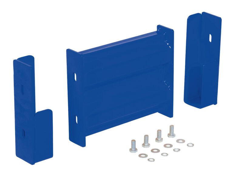 On a white background are three blue metal brackets similar to the Vestil Drop-In Style Guard Rail 1 Ft Blue, along with bolts, nuts, and washers. The arrangement features two smaller side brackets and one larger central plate.