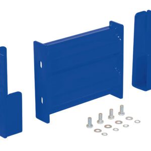 On a white background are three blue metal brackets similar to the Vestil Drop-In Style Guard Rail 1 Ft Blue, along with bolts, nuts, and washers. The arrangement features two smaller side brackets and one larger central plate.