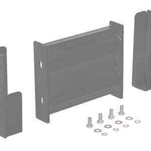 The Vestil Drop-In Style Guard Rail 1 Ft Gray Semi Gloss is displayed on a white background. It features a central rectangular bracket with side holes, flanked by two upright brackets, and six screws with washers arranged in front.