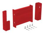 The Vestil Drop-In Style Guard Rail 1 Ft Red features a red metal bracket, including a central rectangular piece and two L-shaped components, with assorted screws, nuts, and washers—elegantly displayed on a white background.