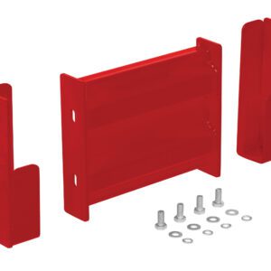 The Vestil Drop-In Style Guard Rail 1 Ft Red features a red metal bracket, including a central rectangular piece and two L-shaped components, with assorted screws, nuts, and washers—elegantly displayed on a white background.