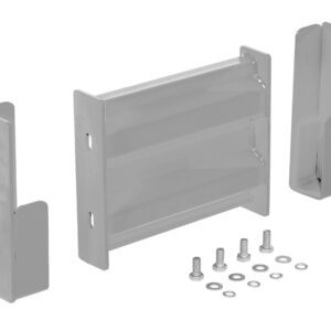 The Vestil Drop-In Style Guard Rail 1 Ft Silver set includes two side pieces and a central piece with pre-drilled holes, alongside multiple screws and washers for easy assembly. It features a sleek silver finish against the white background.