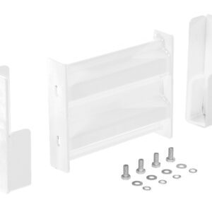 The Vestil Drop-In Style Guard Rail 1 Ft White includes a central rectangular piece with two side brackets, alongside six bolts and washers, all displayed on a plain white background.