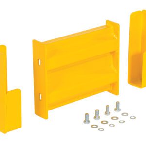 The Vestil Drop-In Style Guard Rail 1 Ft Yellow includes a set of three metal brackets—two L-shaped side brackets and a larger central piece—plus six bolts with washers and nuts, all displayed neatly on a white background.