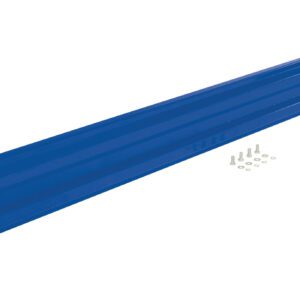 The Vestil Drop-In Style Guard Rail 10 Ft Blue enhances safety and stability when used with the blue steel pallet rack, which includes bolts and washers.