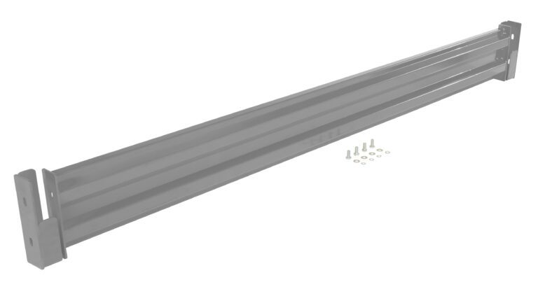 A long, flat metal shelf bracket with two vertical supports and mounting holes, similar to the Vestil Drop-In Style Guard Rail 10 Ft Gray Semi Gloss, is accompanied by a small pile of screws and washers on a plain white background.