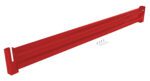 The robust red metal storage rack beam, accompanied by bolts and washers on a pristine white background, evokes the reliable construction of the Vestil Drop-In Style Guard Rail 10 Ft Red.