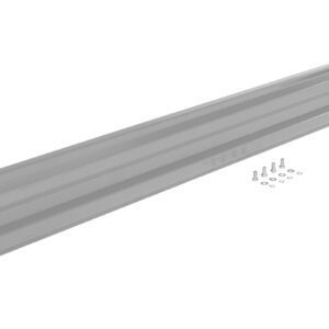 A long, flat metal bracket resembling a Vestil Drop-In Style Guard Rail 10 Ft Silver, with holes on the ends for mounting. Small screws and washers are neatly arranged next to it on a pristine white background.