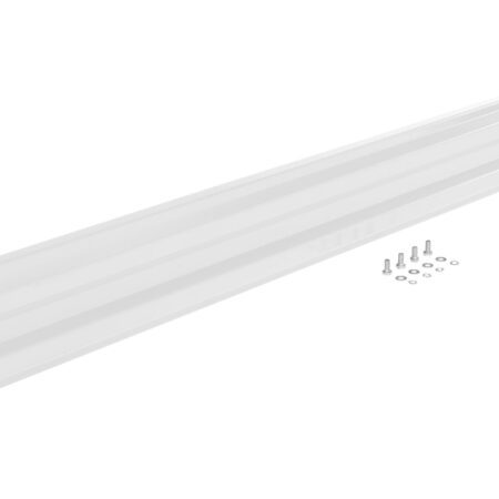 A long white metal bracket, resembling the Vestil Drop-In Style Guard Rail 10 Ft White, is shown diagonally on a white background. Positioned to its right are six screws and washers.