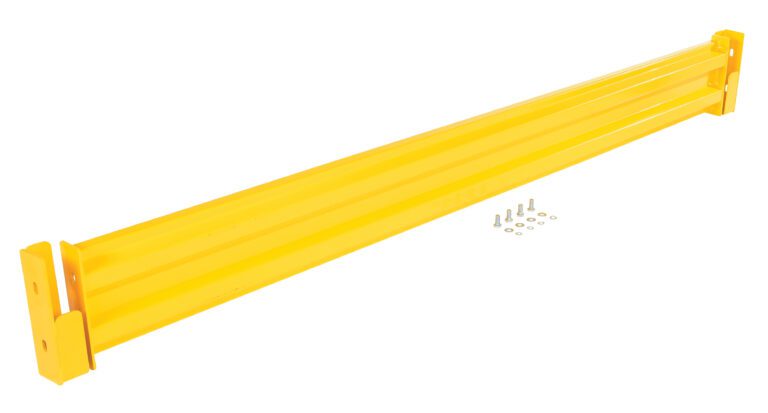 The yellow metal rack beam, featuring four side mounting bolts and washers, is designed for shelving or storage and integrates smoothly with the Vestil Drop-In Style Guard Rail 10 Ft Yellow system for improved stability.