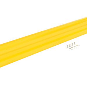 The yellow metal rack beam, featuring four side mounting bolts and washers, is designed for shelving or storage and integrates smoothly with the Vestil Drop-In Style Guard Rail 10 Ft Yellow system for improved stability.