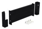 The mounting bracket set, similar to the Vestil Drop-In Style Guard Rail 2 Ft Black, includes two side pieces and a central rectangular panel, displayed with screws, washers, and bolts on a white background.
