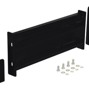 The mounting bracket set, similar to the Vestil Drop-In Style Guard Rail 2 Ft Black, includes two side pieces and a central rectangular panel, displayed with screws, washers, and bolts on a white background.