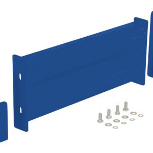 The Vestil Drop-In Style Guard Rail 2 Ft Blue comes with two sturdy blue metal brackets, a rectangular panel, and eight small hardware pieces (screws and washers), all neatly arranged on a white background.