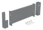 The Vestil Drop-In Style Guard Rail 2 Ft Gray Semi Gloss kit includes three main pieces with bolts and washers; the central rectangular piece is supported by two flanking pieces designed for secure mounting.