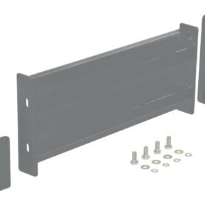 The Vestil Drop-In Style Guard Rail 2 Ft Gray Semi Gloss kit includes three main pieces with bolts and washers; the central rectangular piece is supported by two flanking pieces designed for secure mounting.