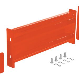 Orange metal shelving components, similar to the Vestil Drop-In Style Guard Rail 2 Ft Orange design, feature a central slotted beam with two upright brackets, plus bolts and washers on a white background.