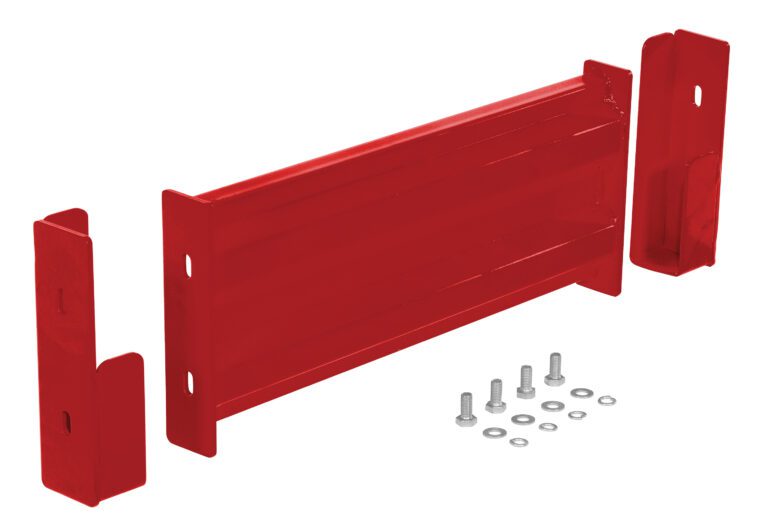 GR-F2R-DI-2-RD_A.jpg A red metal shelf with side brackets, screws, and washers aligned on a white background resembles the sturdy and easy-to-assemble Vestil Drop-In Style Guard Rail 2 Ft Red.