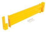 The Vestil Drop-In Style Guard Rail 4 Ft Yellow, a steel rack with adjustable end brackets, comes with six bolts and washers for easy assembly. Ideal for warehouse shelving, its robust metal design ensures long-lasting durability for heavy-duty storage needs.