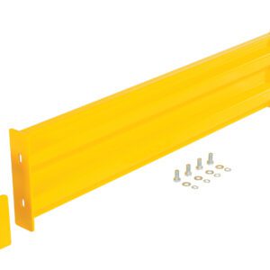 The Vestil Drop-In Style Guard Rail 4 Ft Yellow, a steel rack with adjustable end brackets, comes with six bolts and washers for easy assembly. Ideal for warehouse shelving, its robust metal design ensures long-lasting durability for heavy-duty storage needs.