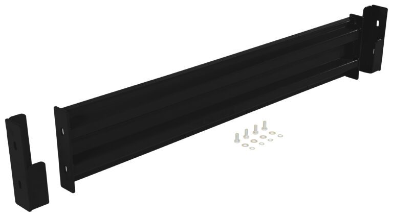 A black metal bracket with two end pieces resembles the Vestil Drop-In Style Guard Rail 5 Ft, and is designed for mounting or support. It includes several bolts and washers, all pictured against a plain white background.