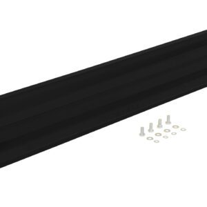 A black metal bracket with two end pieces resembles the Vestil Drop-In Style Guard Rail 5 Ft, and is designed for mounting or support. It includes several bolts and washers, all pictured against a plain white background.