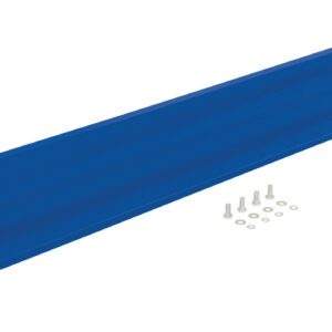 The Vestil Drop-In Style Guard Rail 5 Ft Blue features a metal beam with two side brackets. Six screws and washers are included, ideal for shelving or structural support, showcased against a white background.