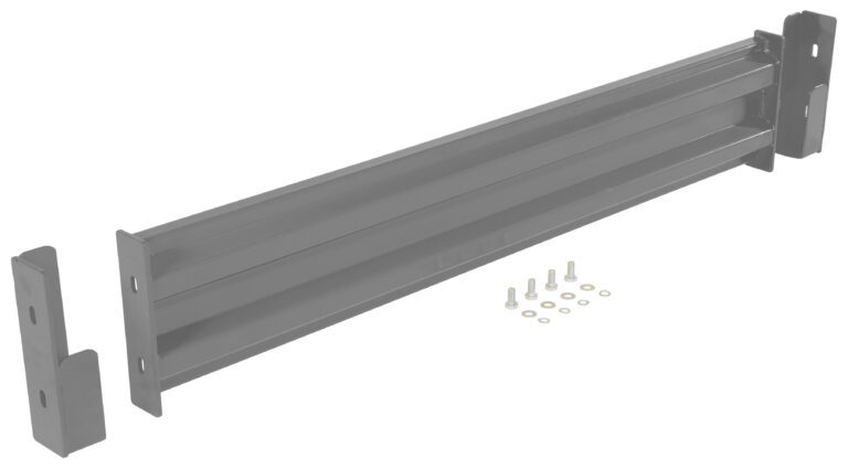 GR-F2R-DI-5-GYSG_A.jpg The gray metal bracket for the Vestil Drop-In Style Guard Rail 5 Ft Gray Semi Gloss has three parallel ridges, mounting plates on each end, and includes six bolts, washers, and nuts for easy assembly.