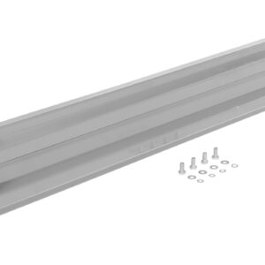 A silver metal bracket with a rectangular frame and parallel grooves, similar to the Vestil Drop-In Style Guard Rail 5 Ft Silver, comes with a smaller L-shaped bracket on the left. Six screws and washers are positioned in front for easy assembly.