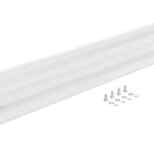 A white sliding door track kit with brackets and mounting screws on a white background complements the Vestil Drop-In Style Guard Rail 5 Ft White, featuring two rails and all necessary installation hardware.
