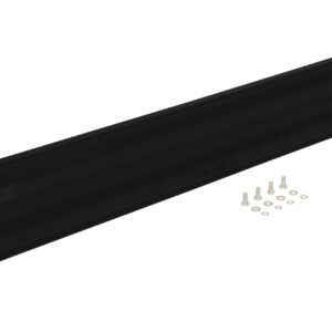 A black, rectangular metal bracket similar to the Vestil Drop-In Style Guard Rail 6 Ft Black has two angled supports and includes screws and washers, perfect for mounting or reinforcing, set against a plain white background.