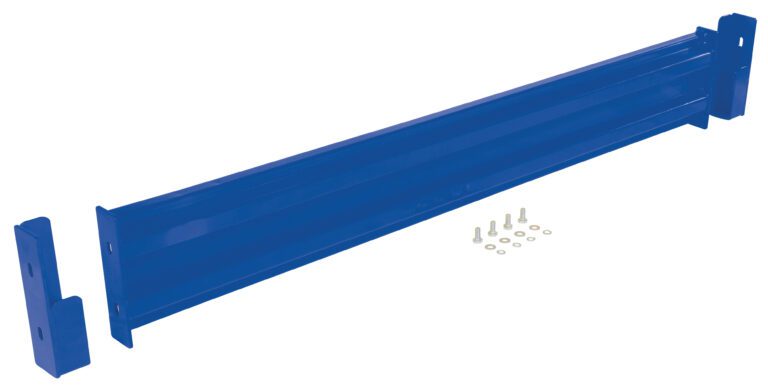 GR-F2R-DI-6-BU_A.jpg The Vestil Drop-In Style Guard Rail 6 Ft Blue includes a shiny blue metal beam, two secure attachment brackets, and a pack of screws and washers arranged alongside.