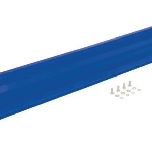 The Vestil Drop-In Style Guard Rail 6 Ft Blue includes a shiny blue metal beam, two secure attachment brackets, and a pack of screws and washers arranged alongside.