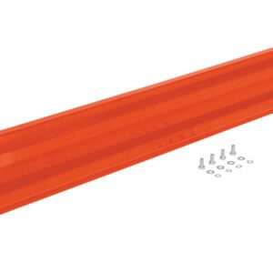 The Vestil Drop-In Style Guard Rail 6 Ft Orange boasts a sturdy orange steel cross beam, a left end plate, and right-side screws with washers. Its subtly curved, ribbed surface provides enhanced strength and rigidity for dependable protection.
