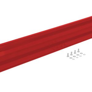 Vestil Drop-In Style Guard Rail 6 Ft Red shown with its metal track bracket, screws, and washers on a white background.
