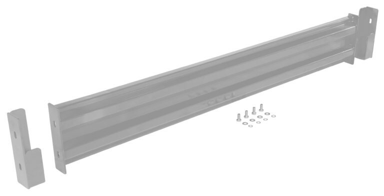 The Vestil Drop-In Style Guard Rail 6 Ft Silver includes a metal mounting bracket, two side supports, screws, and washers, all on a plain background.