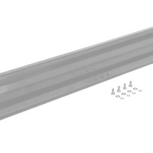 The Vestil Drop-In Style Guard Rail 6 Ft Silver includes a metal mounting bracket, two side supports, screws, and washers, all on a plain background.