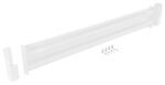 A long, white metal bracket with screws and washers, resembling the Vestil Drop-In Style Guard Rail 6 Ft White, features a rectangular shape with angled edges, set against a pristine white background.