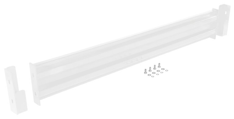A long, white metal bracket with screws and washers, resembling the Vestil Drop-In Style Guard Rail 6 Ft White, features a rectangular shape with angled edges, set against a pristine white background.