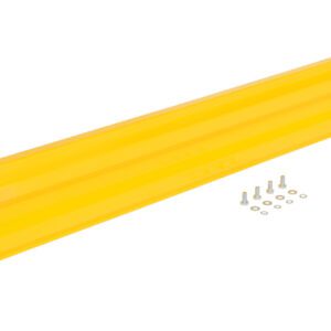 The Vestil Drop-In Style Guard Rail 6 Ft Yellow is set against a white background, accompanied by two sturdy support brackets, eight screws, and washers.