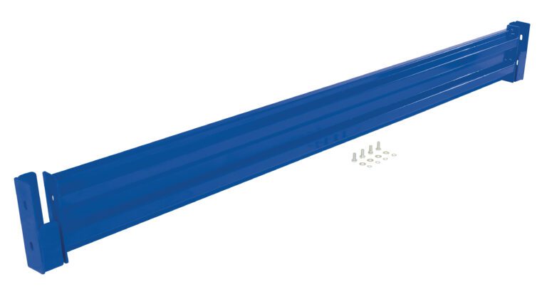 Displayed is a Vestil Drop-In Style Guard Rail 8 Ft Blue, its elongated metal form with angled ends, accompanied by screws and washers against a white backdrop.