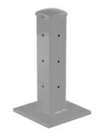 The Vestil Rigid Tube Post 18 In Drop-In Style Silver Lining features a gray metal structure with a square base and rounded cap. It includes multiple side holes for adjustable height or attachments and four mounting holes on the base for secure placement.