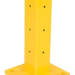 The Vestil Rigid Tube Post 18 In Drop-In Style Yellow is a sturdy metal bollard with a square base featuring four mounting holes and a rectangular design with multiple height holes, ideal for traffic or safety applications.