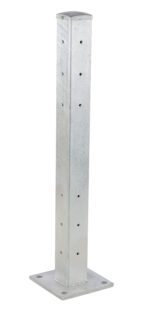The Vestil Rigid Tube Post 42 In Drop-In Style Galvanized features a 42-inch drop-in design, a square cross-section with multiple holes, and a flat base with four holes for secure mounting, offering excellent corrosion resistance.