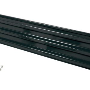 A diagonal image displays a dark green, ribbed metal shelf bracket against a white background, with five small silver screws nearby, echoing the robust design of the Vestil Bolt-On Style Guard Rail 10 Ft Black.