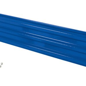 This blue metal shelf, inspired by the Vestil Bolt-On Style Guard Rail 10 Ft Blue, features a ribbed texture ideal for industrial storage. It includes six silver mounting screws on the left, offering strength and reliability.