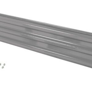 A diagonally shown gray metal panel with a ribbed design resembles the Vestil Bolt-On Style Guard Rail 10 Ft Gray Semi Gloss. Four small metal screws near the semi-gloss finish indicate easy installation.