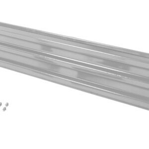 A rectangular metallic vent cover with horizontal slats is shown on a white background, echoing the robust design of a Vestil Bolt-On Style Guard Rail 10 Ft Silver, with neatly placed silver screws for installation on the left side.